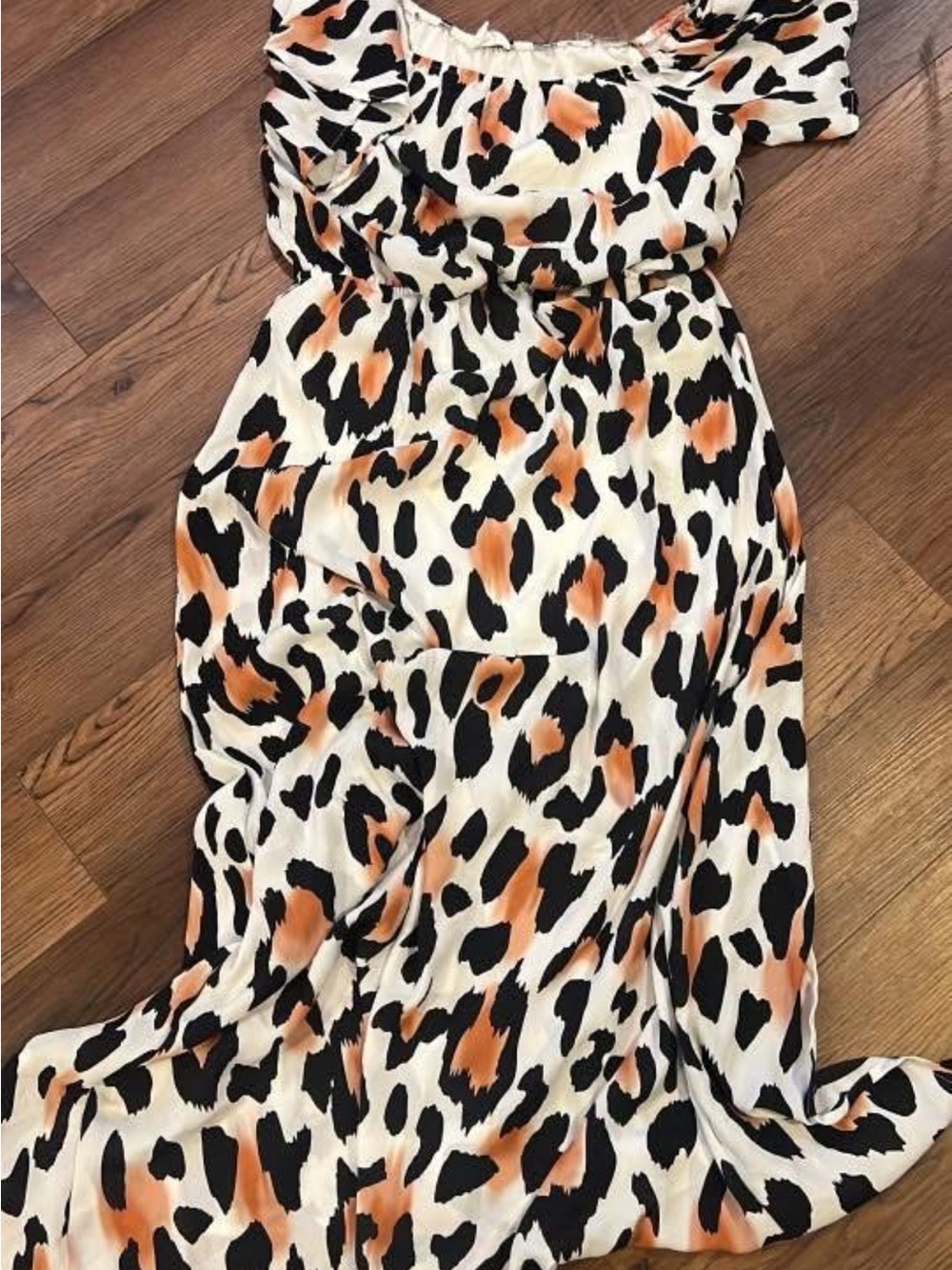 Peach Love California White Cream Maxi Dress with Black and Orange Leopard Print